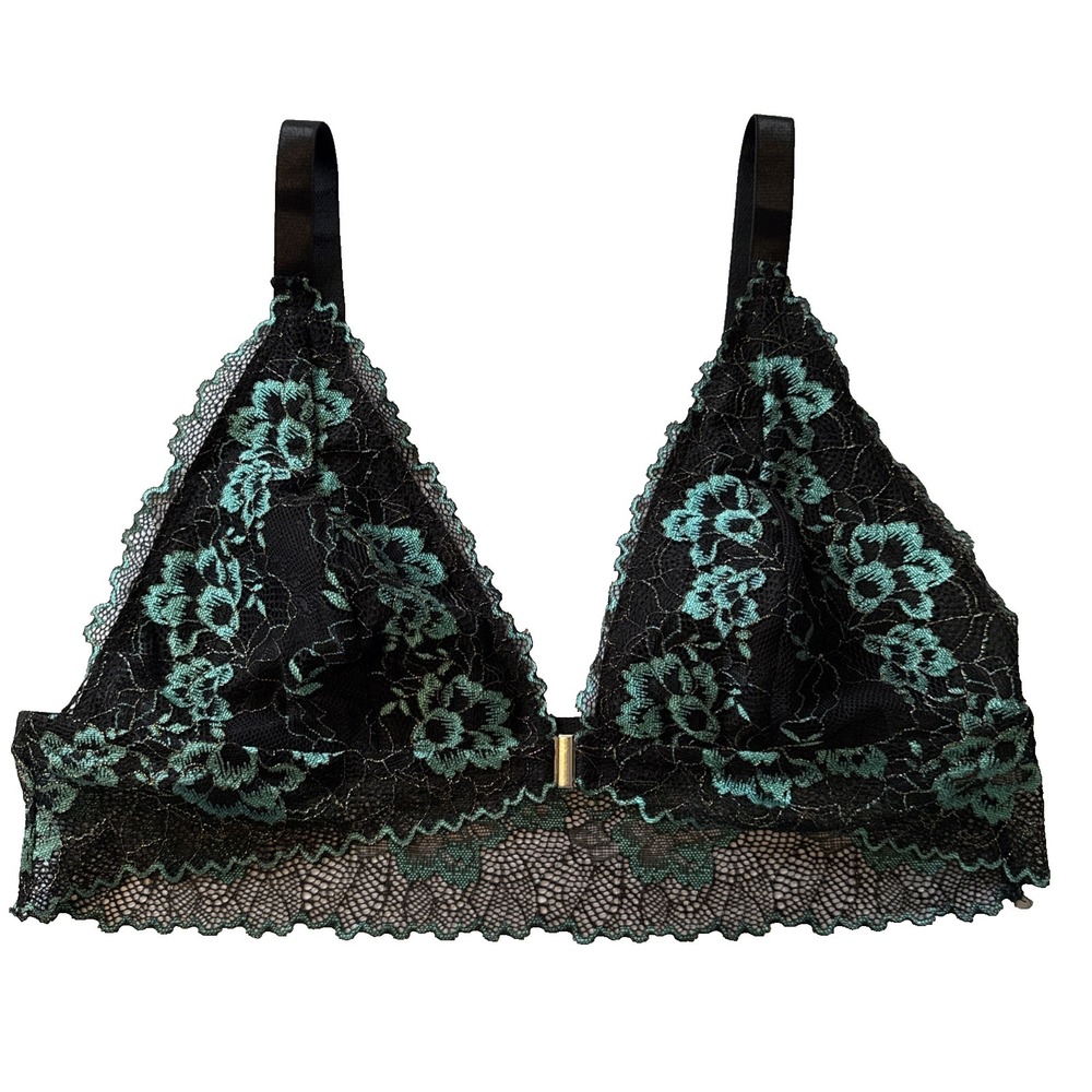 Black Teal Green Sheer Lace Triangle Front Clasp Bralette Bra Fit S/M Romantic